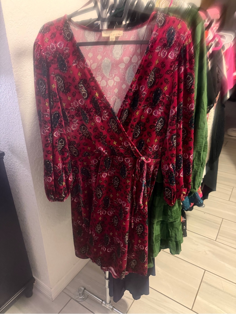 Paisley Wrap Dress in Deep Red with Tie Waist